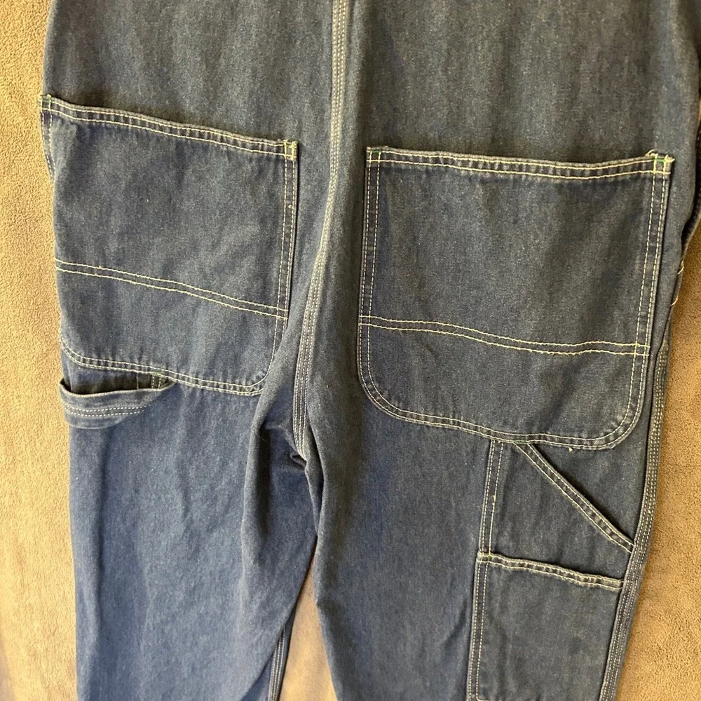 Liberty Mens 32W Blue Denim Bib Overalls Green Zipper Workwear Carpenter Pants
